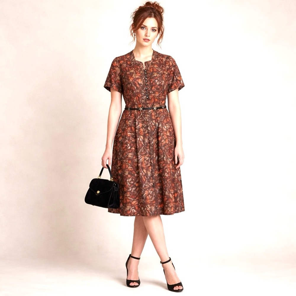 Vintage 50s Bespoke Autumn Jewel Shirtwaist Tea Dress